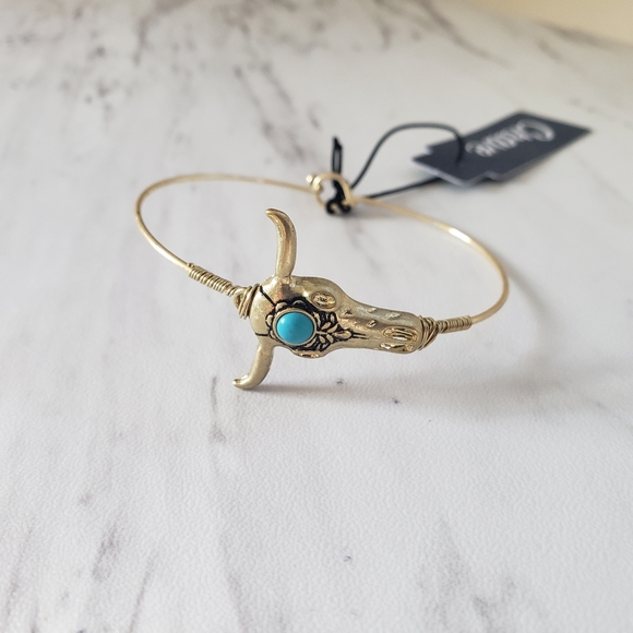 Goldtone and Turquoise Bead Steer Skull Bangle - Picture 5 of 7